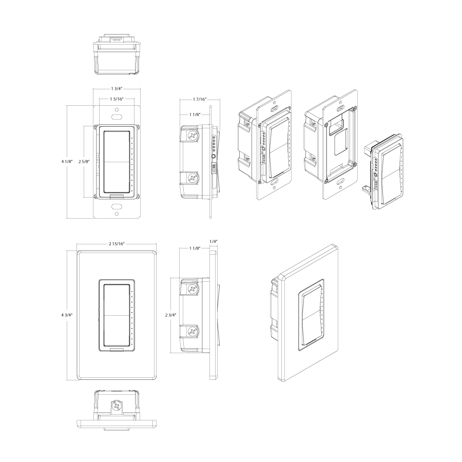 Dimension drawing of the RAB XDIM Universal Dimmer – 300W LED/CFL – 500W Incandescent/Halogen/ELV – 400VA MLV – 120V – White Finishshowing fixture dimensions and mounting measurements.