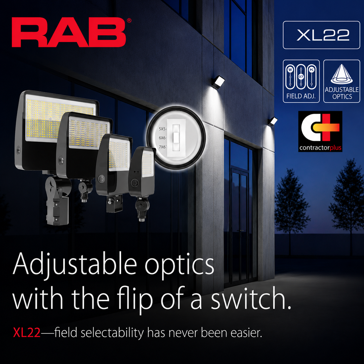 RAB XL22-150 XL22 LED Flood Light – Selectable 75W/100W/125W/150W – Selectable 3000K/4000K/5000K – 11190-23466 Lumens – 120-277V – Slipfitter and Trunnion Mount – Integrated Photocell – Bronze Finish