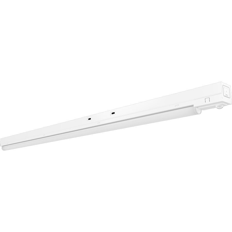 RAB STRP4/PIR/E STRP LED Strip Light – 4ft Single Tube – Selectable 10W/15W/20W – 3500K/4000K/5000K – 1558-3109 Lumens – 120-277V – PIR Occupancy Sensor – Emergency Battery Backup