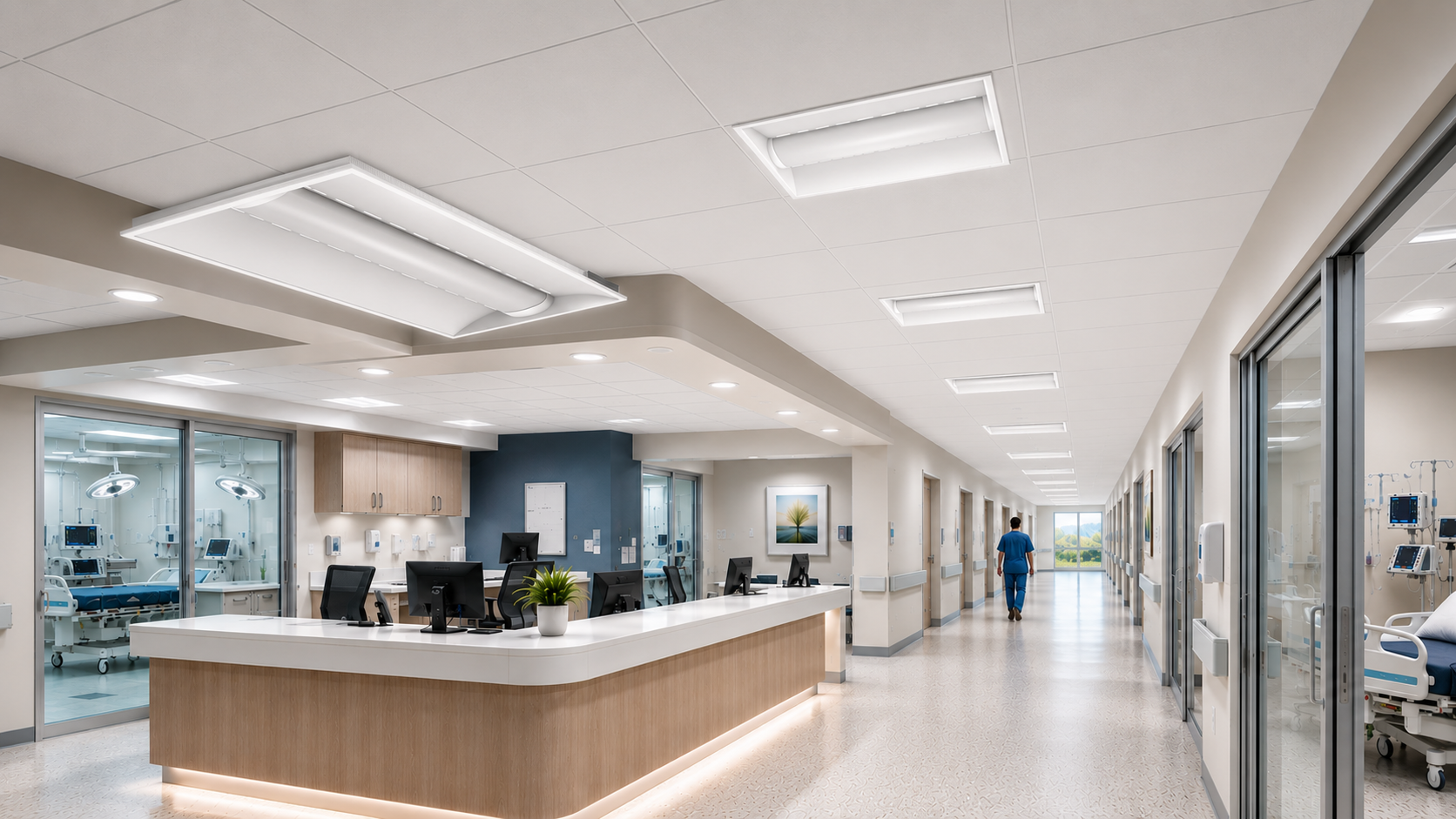 RAB SWISH Air LED air-handling troffer installed in a modern hospital corridor with nurses station, patient rooms, and integrated return-air ceiling design.