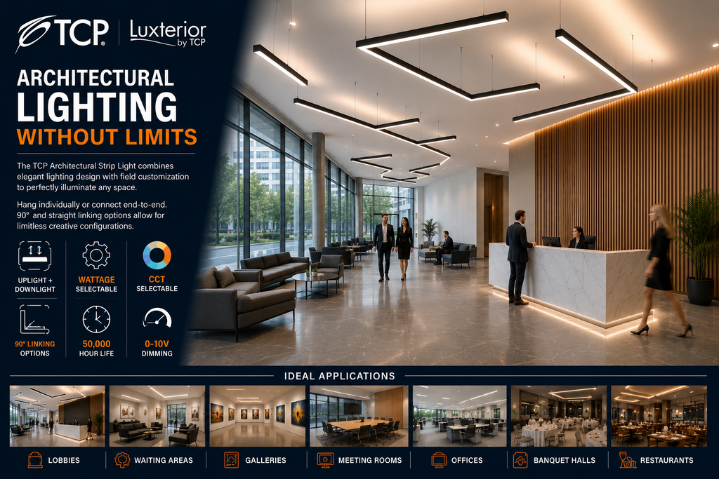 TCP LED architectural strip light suspended in a modern commercial lobby featuring uplight downlight illumination selectable wattage selectable CCT and modular linking configurations