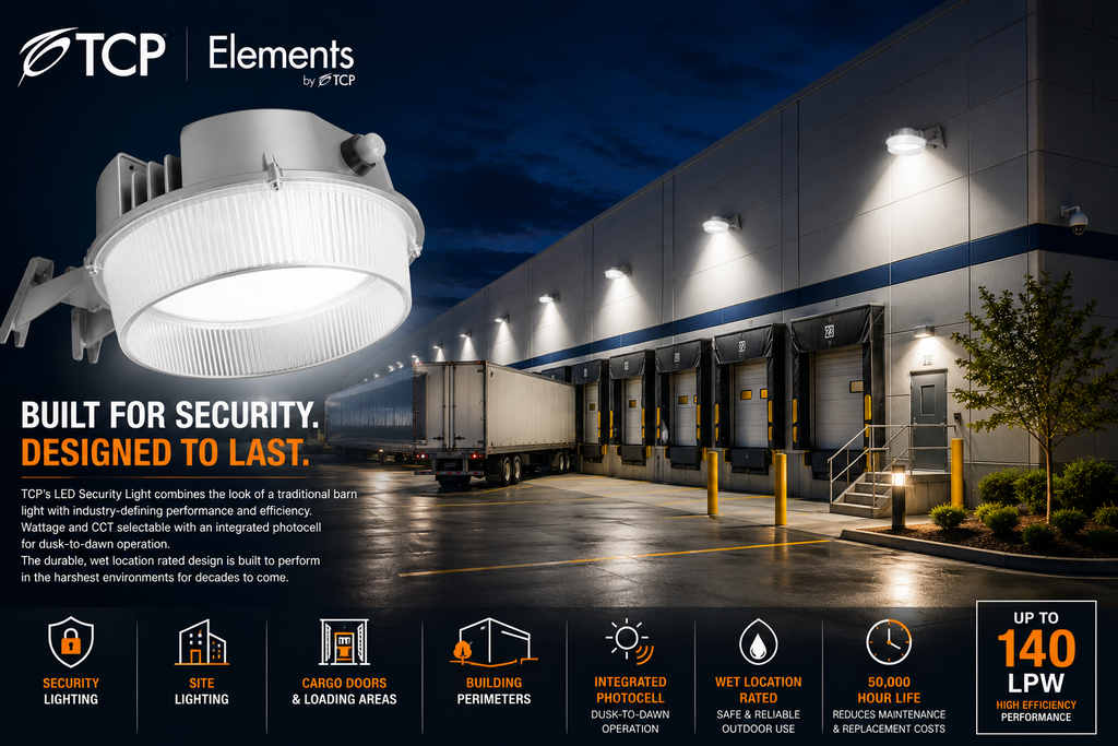 TCP LED security light illuminating a commercial loading dock and building perimeter with integrated photocell, wet location rating, and energy-efficient dusk-to-dawn security lighting for industrial and commercial facilities