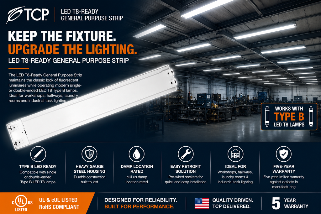TCP LED T8-Ready General Purpose Strip installed in a commercial maintenance facility providing energy-efficient retrofit lighting with Type B LED tube compatibility, heavy-gauge steel construction, and damp-location performance.