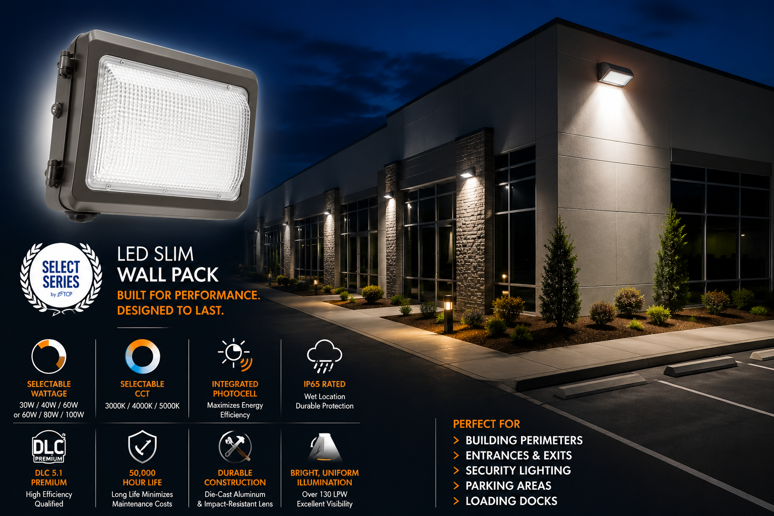 TCP SWPUZDSW5CCT LED Slim Wall Pack – 30W/40W/60W Selectable – 5-CCT Selectable – 120-277V