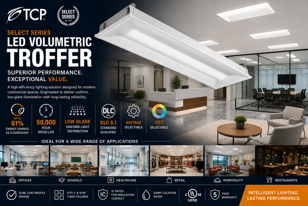 TCP Select Series LED volumetric panel providing low glare uniform illumination in a modern commercial office environment with selectable wattage and color temperature