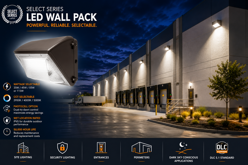 TCP Select Series LED Wall Pack providing commercial perimeter lighting, security lighting, entrance illumination, and energy-efficient replacement for traditional HID wall packs with selectable wattage and color temperature.