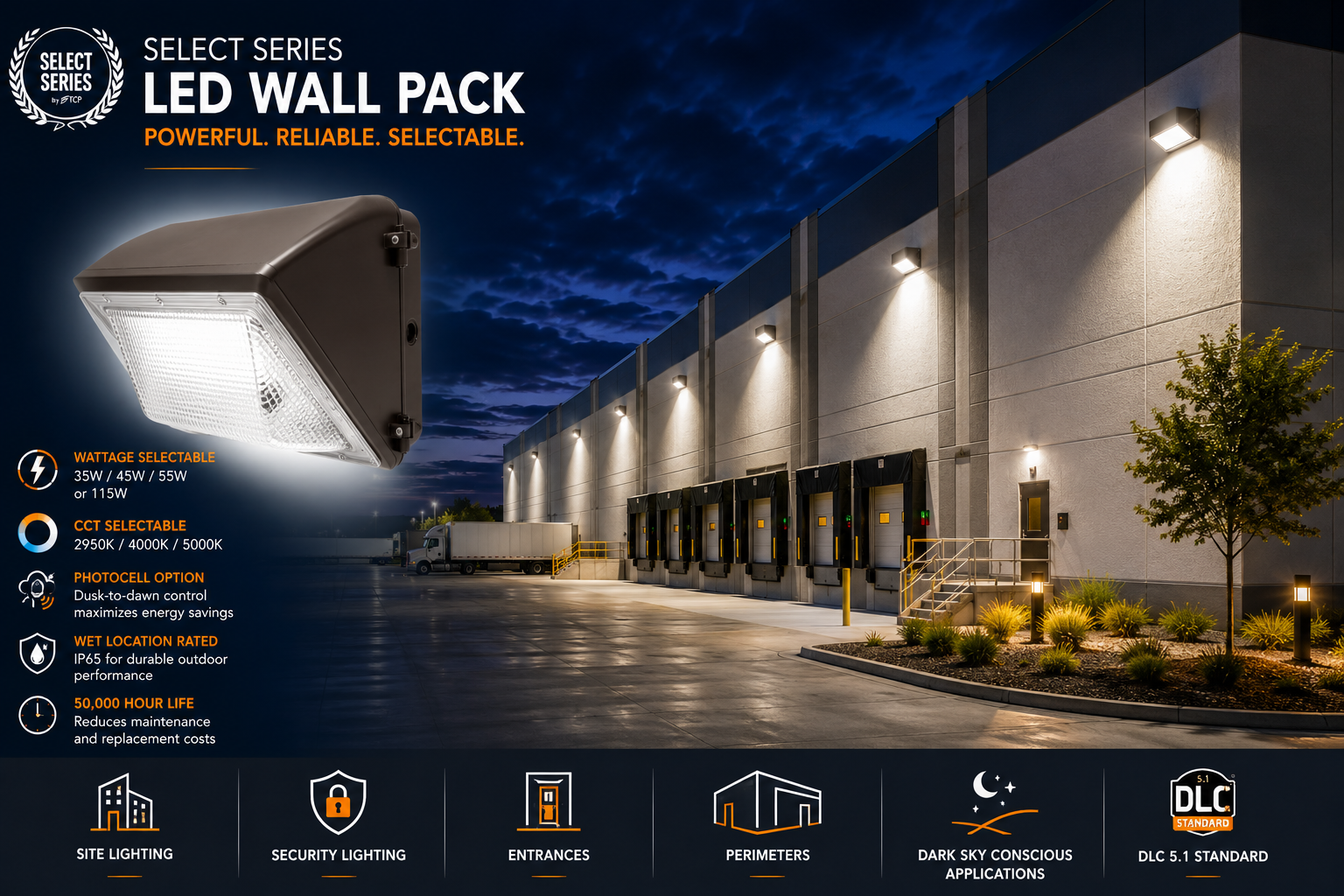 TCP TWPUZDB2CCTPC LED Traditional Wall Pack – 115W – CCT Selectable – Photocell – 120-277V