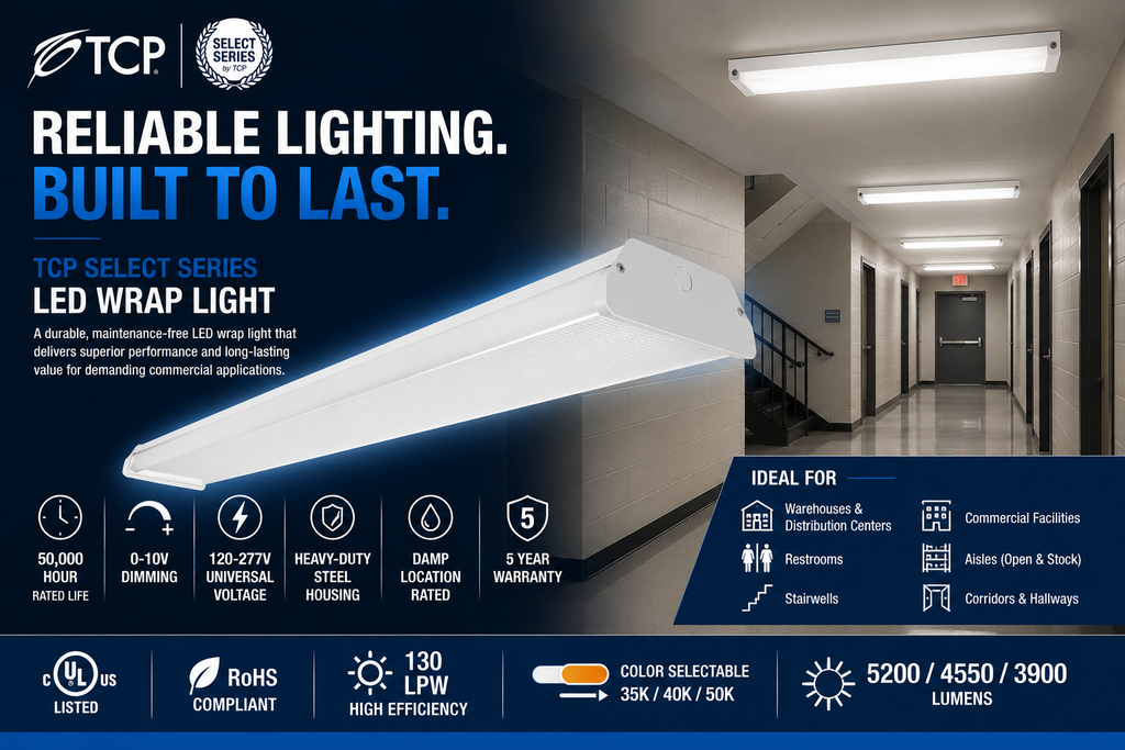 TCP Select Series LED Wrap Light installed in a commercial corridor featuring steel housing, 0-10V dimming, color selectable output, and 50,000-hour rated life.