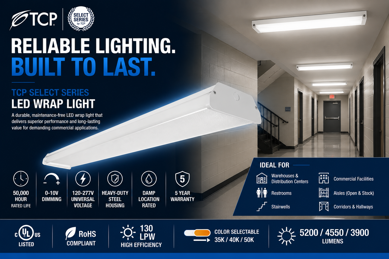 TCP WR4UZDSW3CCT LED Wraparound Light – 4ft – 30W/35W/40W Selectable – 3500K/4000K/5000K Selectable – 120-277V