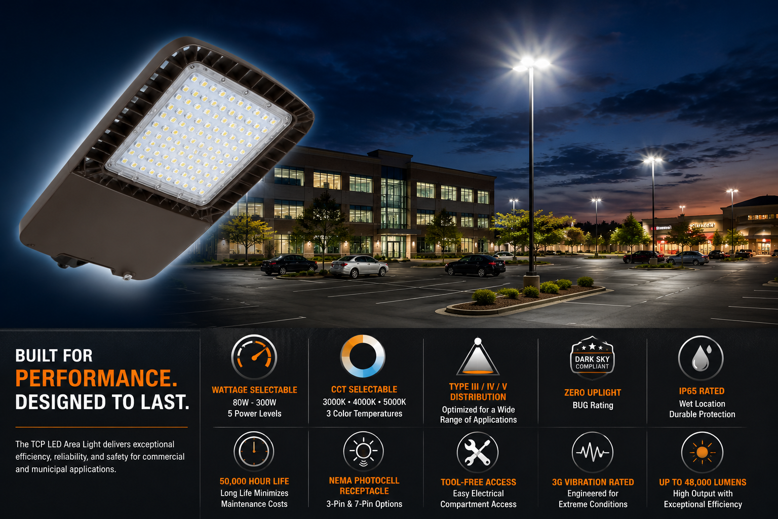 TCP TALUZDSW2T3CCT LED Pole Mount Area Light – 100W/150W/200W Selectable – Type III – 17000/25500/34000 Lumens – 3-CCT Selectable – 120-277V