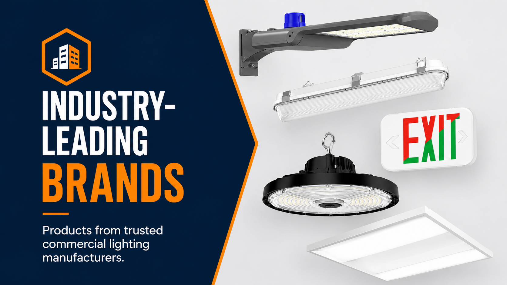 Commercial lighting fixtures from trusted manufacturers including LED panels, area lights, exit signs, vapor tight fixtures, and high bay lighting.