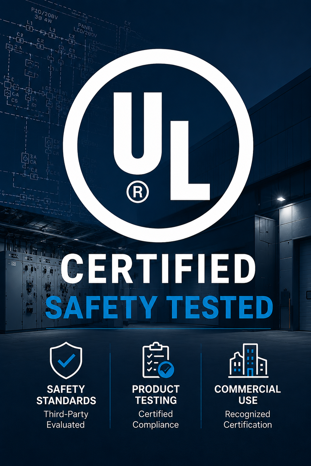 UL Certified commercial lighting safety certification representing third-party evaluated electrical safety and compliance testing standards.