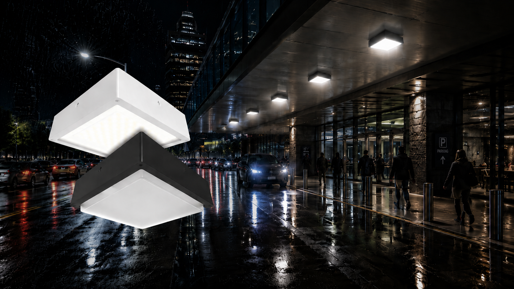 VAN34 vandal-resistant LED canopy lights installed in a modern commercial parking structure with illuminated walkways, reflective wet pavement, and urban nighttime architecture.