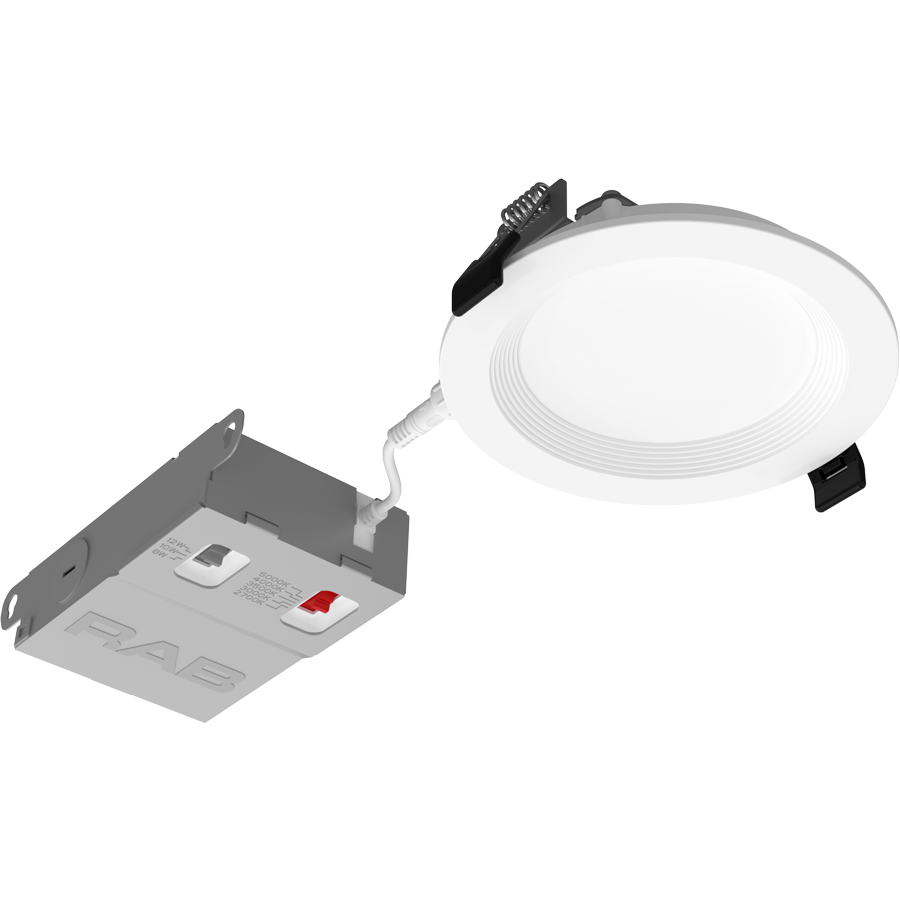 RAB WFRX-4BD WFRX 4in Edge-Lit Wafer Recessed Light – Selectable 8W–12W – 678–1100 Lumens – 2700K–5000K – 120–277V – Round – Baffle Trim – 90+ CRI