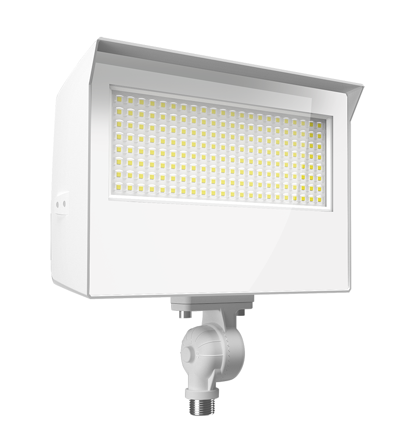 RAB X22-80W X22 5-Way Selectable LED Flood Light – 50W/60W/70W/80W Selectable – 3000K/4000K/5000K Selectable – 7193-12272 Lumens – 120-277V – 7H x 6V Distribution – Knuckle and Trunnion Mount Included – White Finish