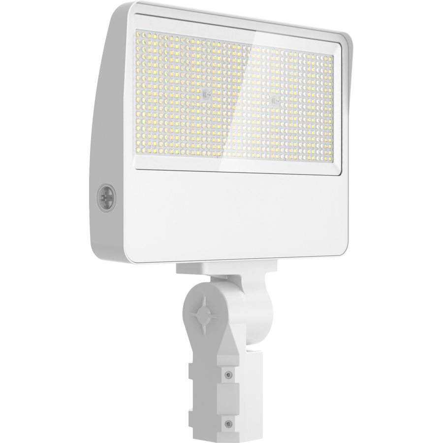 RAB XL22-150W/480 XL22 Field-Adjustable LED Flood Light – 75W/100W/125W/150W Selectable – 3000K/4000K/5000K Selectable – 11190-23466 Lumens – 480V – 7H x 6V Distribution – Slipfitter and Trunnion Mount – Photocell – White Finish